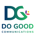 Do Good Communications logo. D and G with navy blue to green gradient and a purple and pink flower with a yellow spark.