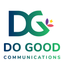 Do Good Communications logo. D and G with navy blue to green gradient and a purple and pink flower with a yellow spark.